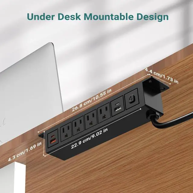 Alt view image 5 of 7 - Under Desk Power Strip with 20W USB C, 8-in-1 Desk Outlet Station, 4 AC Outlets, 2 USB-C, 2 USB-A, 6FT Cable, Desk Mount Power Strip for Home Office Conference, ETL Listed(Black)