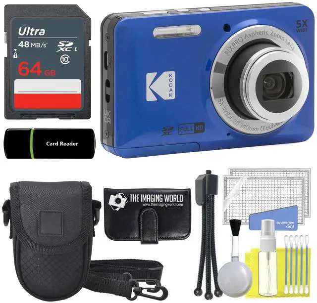 Main image of Kodak PIXPRO FZ55 Blue 16MP Digital Camera 5X Optical Zoom 28mm Wide Angle 1080P Full HD Video 2.7" LCD Camera + 64GB Card and Reader + Case + Memory Wallet + Tripod + Cleaning Bundle