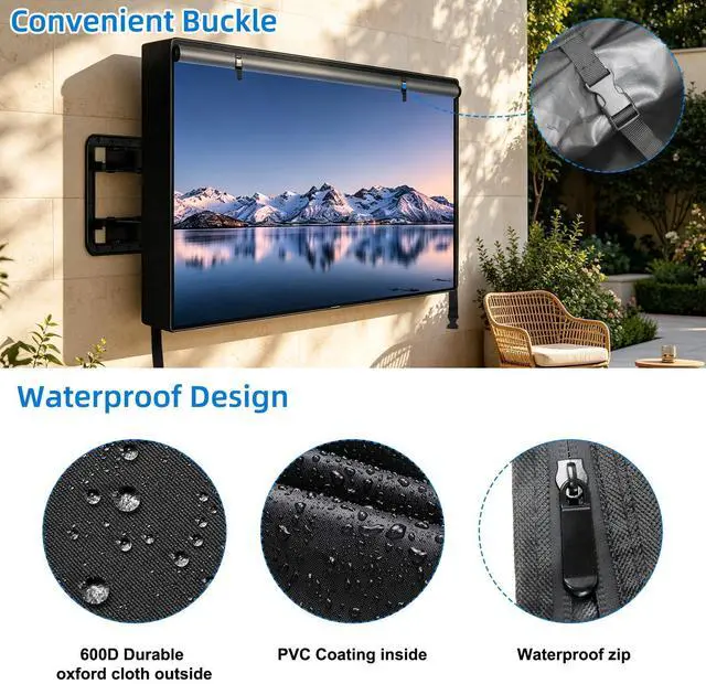 Alt view image 6 of 7 - Outdoor TV Cover 60 to 65 inch Waterproof,600D Heavy Duty Full Protection TV Covers with Front Zipper for Outside Flat Screen TV,Black,Cover Size 58"W x 37"H x 5"D,Fit for Standard Mounts and Stands