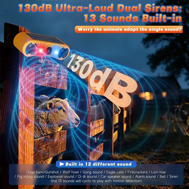 Alt view image 3 of 7 - Solar Motion Sensor Alarm Outdoor, Red & Blue LED Strobe Light | 130dB Dual Speakers, 13 Loud Sounds Dog Barking & Siren, Continuous Loop Playback, 4 Working Modes for Home, Farm, Barn