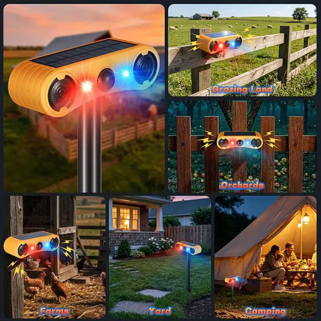 Alt view image 5 of 7 - Solar Motion Sensor Alarm Outdoor, Red & Blue LED Strobe Light | 130dB Dual Speakers, 13 Loud Sounds Dog Barking & Siren, Continuous Loop Playback, 4 Working Modes for Home, Farm, Barn