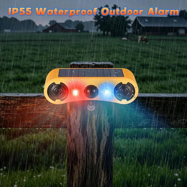 Alt view image 6 of 7 - Solar Motion Sensor Alarm Outdoor, Red & Blue LED Strobe Light | 130dB Dual Speakers, 13 Loud Sounds Dog Barking & Siren, Continuous Loop Playback, 4 Working Modes for Home, Farm, Barn