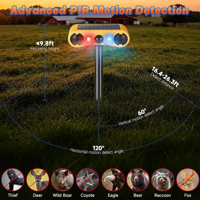 Alt view image 7 of 7 - Solar Motion Sensor Alarm Outdoor, Red & Blue LED Strobe Light | 130dB Dual Speakers, 13 Loud Sounds Dog Barking & Siren, Continuous Loop Playback, 4 Working Modes for Home, Farm, Barn