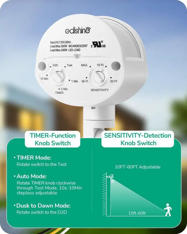 Alt view image 3 of 7 - 2 Pack 180° Motion Sensor, Adjustable Time/Range to 60FT, White | 3 Modes, Replacement Motion Detector, Rotatable Sensor Neck, Adjustable Delay Time, Ideal for Security Floodlights, UL Listed