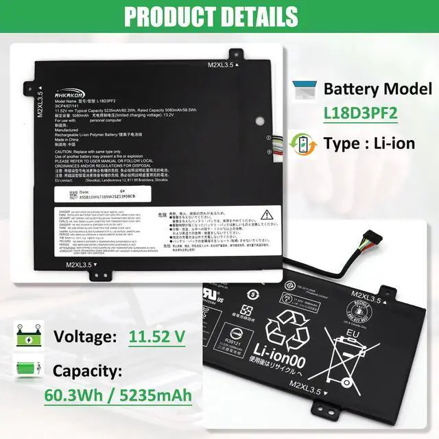 Alt view image 2 of 7 - L18M3PFA L18D3PF2 Laptop Battery Replacement for Lenovo Yoga C740-15IML C740-15 81TD Series Notebook 5B10T83739 5B10T83740 5B10W67258 5B10W67402 SB10W67375 11.52V 60.3Wh 5235mAh