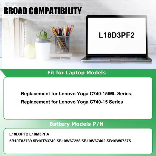 Alt view image 3 of 7 - L18M3PFA L18D3PF2 Laptop Battery Replacement for Lenovo Yoga C740-15IML C740-15 81TD Series Notebook 5B10T83739 5B10T83740 5B10W67258 5B10W67402 SB10W67375 11.52V 60.3Wh 5235mAh