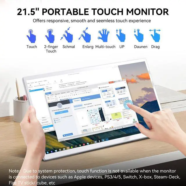 Alt view image 2 of 7 - 21.5 Inch Portable Touchscreen Monitor, 1080P Computer Touch Screen w/VESA Stand Touch PC Display, 75Hz, Multi-Touch Monitor, DC HDMI & USBC for Phones PC Phone Business,White