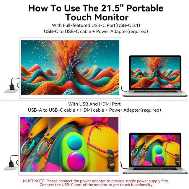 Alt view image 3 of 7 - 21.5 Inch Portable Touchscreen Monitor, 1080P Computer Touch Screen w/VESA Stand Touch PC Display, 75Hz, Multi-Touch Monitor, DC HDMI & USBC for Phones PC Phone Business,White