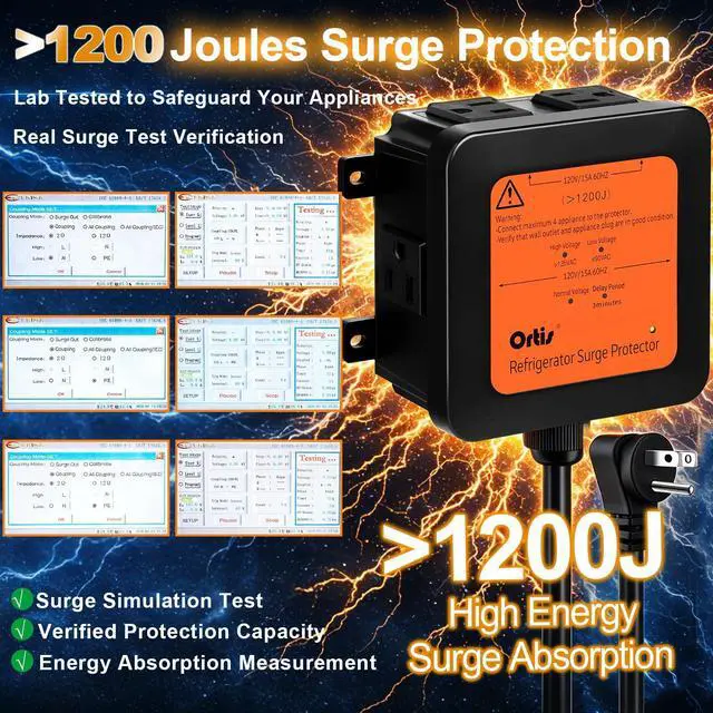 Alt view image 3 of 7 - 4-Outlet Refrigerator Surge Protector with Time Delay, 1200J, Power Cord (1.3ft), Protects Against Spikes, Brownouts & Power Outages, Voltage Guard for Refrigerators 27 cu. ft. or More
