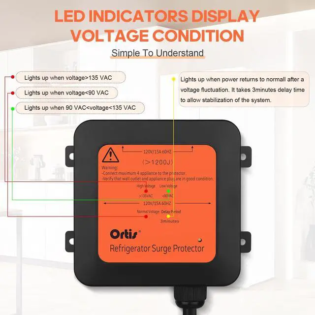 Alt view image 5 of 7 - 4-Outlet Refrigerator Surge Protector with Time Delay, 1200J, Power Cord (1.3ft), Protects Against Spikes, Brownouts & Power Outages, Voltage Guard for Refrigerators 27 cu. ft. or More