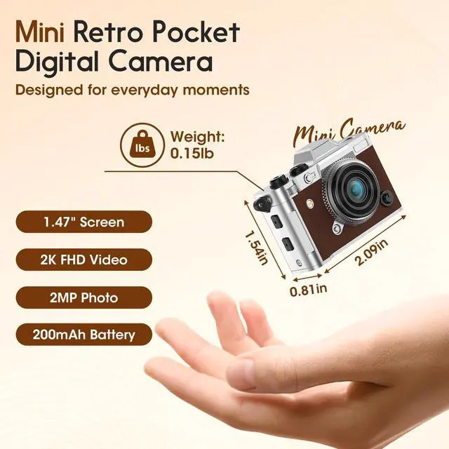 Alt view image 2 of 7 - Tiny Digital Camera, Vintage Mini Keychain Camera for Teens and Beginners, Premium Leather Portable Pocket Camera with 16GB Card, 2K HD Video Recorder for Travel and Vlogging, Brown