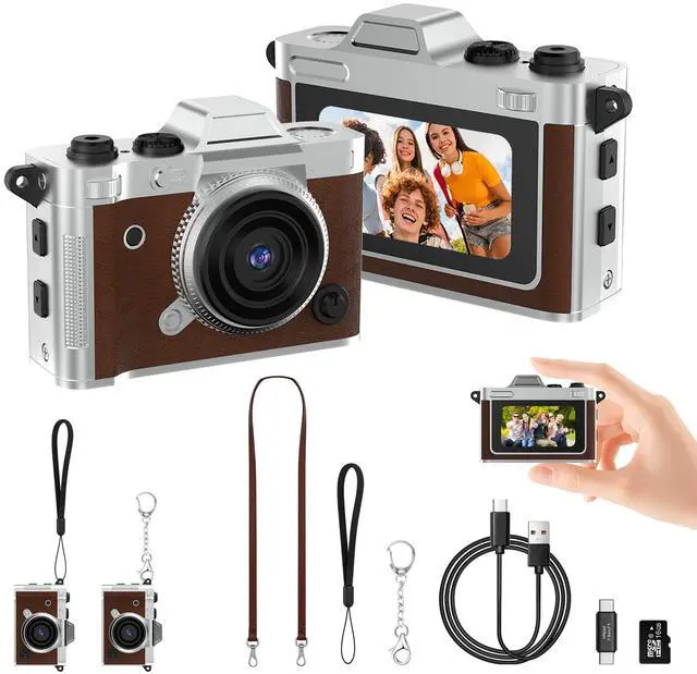 Main image of Tiny Digital Camera, Vintage Mini Keychain Camera for Teens and Beginners, Premium Leather Portable Pocket Camera with 16GB Card, 2K HD Video Recorder for Travel and Vlogging, Brown