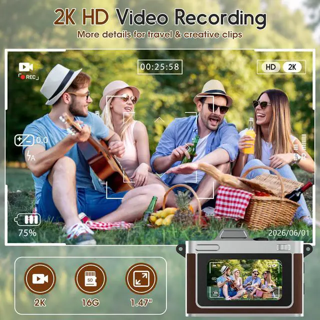Alt view image 3 of 7 - Tiny Digital Camera, Vintage Mini Keychain Camera for Teens and Beginners, Premium Leather Portable Pocket Camera with 16GB Card, 2K HD Video Recorder for Travel and Vlogging, Brown