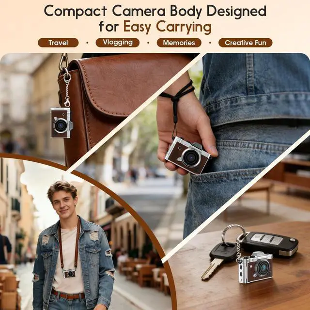 Alt view image 6 of 7 - Tiny Digital Camera, Vintage Mini Keychain Camera for Teens and Beginners, Premium Leather Portable Pocket Camera with 16GB Card, 2K HD Video Recorder for Travel and Vlogging, Brown
