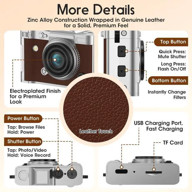 Alt view image 7 of 7 - Tiny Digital Camera, Vintage Mini Keychain Camera for Teens and Beginners, Premium Leather Portable Pocket Camera with 16GB Card, 2K HD Video Recorder for Travel and Vlogging, Brown