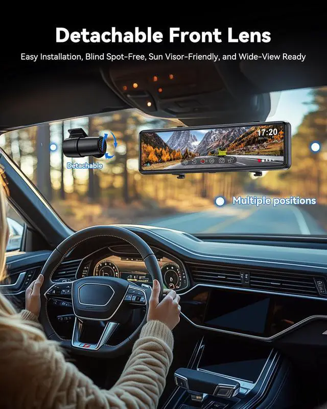 Alt view image 3 of 7 - T860+ Mirror Dash Cam 4K Front and 2.5K Rear, Rear View Mirror Camera | Detached Front Camera, 3X Zoom Backup Camera, 64GB Card Included, Night Vision, WDR, Parking Assist, GPS