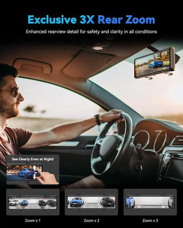 Alt view image 4 of 7 - T860+ Mirror Dash Cam 4K Front and 2.5K Rear, Rear View Mirror Camera | Detached Front Camera, 3X Zoom Backup Camera, 64GB Card Included, Night Vision, WDR, Parking Assist, GPS
