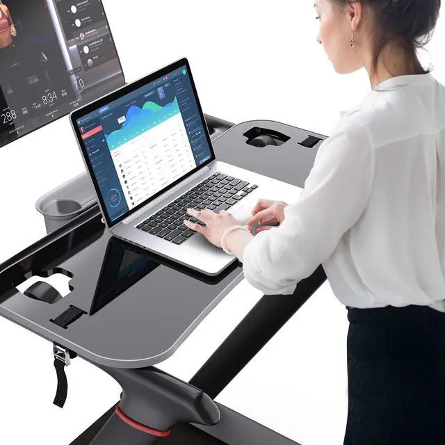Alt view image 2 of 7 - Treadmill Desk Attachment,Peloton Tread Tray Ergonomic Platform, Laptop Holder with Tablet Holder,New Universal Cooling Holes Laptop Stand for Home/Office