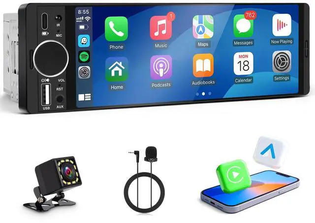 Main image of Single Din Radio for Car - Supports Apple Carplay & Android Auto6.28 inch Single Din Touchscreen Radio with BluetoothBackup CameraEnhanced MicUSB SWC RCAEQFM (Black)