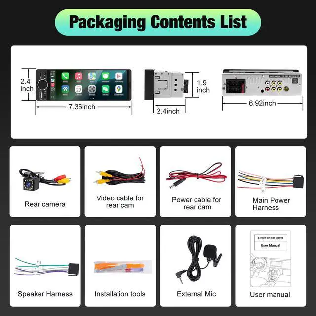 Alt view image 7 of 7 - Single Din Radio for Car - Supports Apple Carplay & Android Auto6.28 inch Single Din Touchscreen Radio with BluetoothBackup CameraEnhanced MicUSB SWC RCAEQFM (Black)
