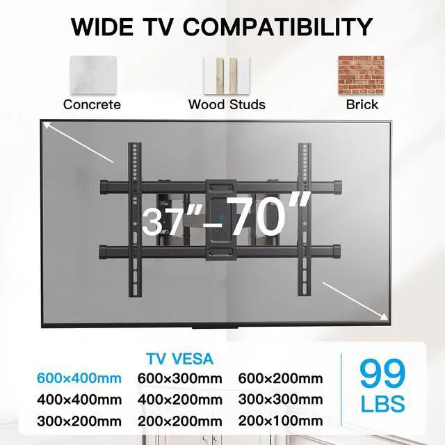 Alt view image 2 of 7 - Corner TV Wall Mount for 3770 inch TVs up to 99 lbs | Corner TV Mount Wall Bracket with Extension, Swivel, Tilt, Dual Articulating Arms Fits Different Corners, Max VESA 600x400mm