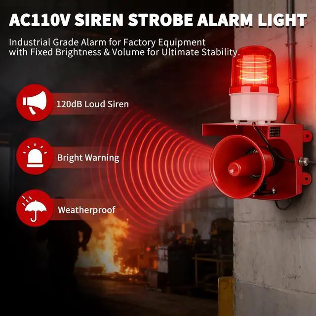 Alt view image 2 of 7 - AC110V Industrial Siren Alarm Strobe Light-120dB Loud Horn&Red Beacon Warning Light,Waterproof Indoor/Outdoor Safety Alarm for Emergency,Factory,Office,Fires,Tornado,Intruders,Animal Deterrent
