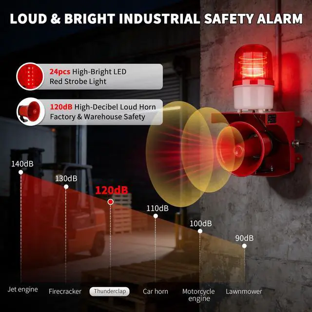 Alt view image 3 of 7 - AC110V Industrial Siren Alarm Strobe Light-120dB Loud Horn&Red Beacon Warning Light,Waterproof Indoor/Outdoor Safety Alarm for Emergency,Factory,Office,Fires,Tornado,Intruders,Animal Deterrent