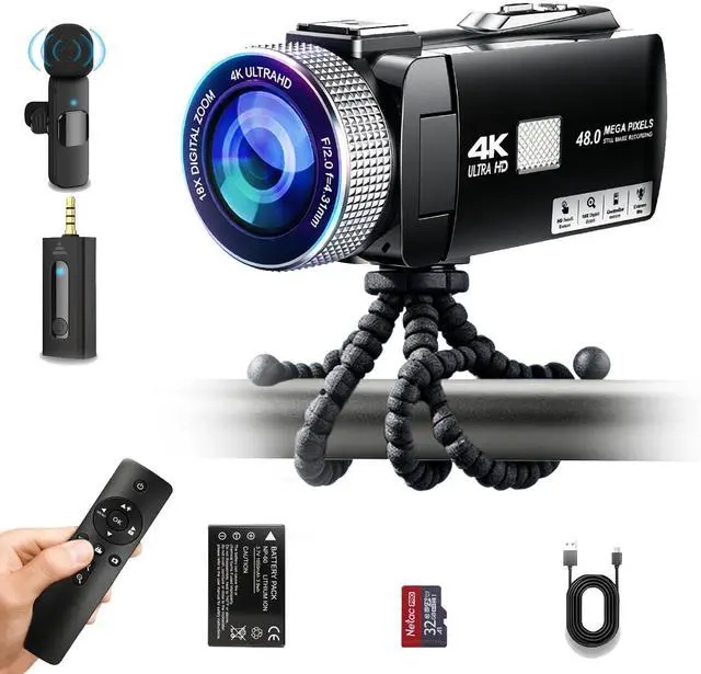 Main image of Manual Focus 2026 New 4K 60FPS Digital Camcorder, Video Camera with Touch Screen, 2.4G Remote Control, External Lavalier Microphone, Octopus Tripod, 32G TF Card & 2 Batteries for Vlogging