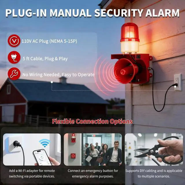 Alt view image 4 of 7 - AC110V Industrial Siren Alarm Strobe Light-120dB Loud Horn&Red Beacon Warning Light,Waterproof Indoor/Outdoor Safety Alarm for Emergency,Factory,Office,Fires,Tornado,Intruders,Animal Deterrent