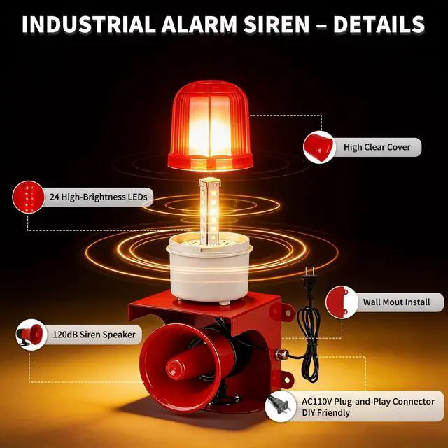 Alt view image 5 of 7 - AC110V Industrial Siren Alarm Strobe Light-120dB Loud Horn&Red Beacon Warning Light,Waterproof Indoor/Outdoor Safety Alarm for Emergency,Factory,Office,Fires,Tornado,Intruders,Animal Deterrent