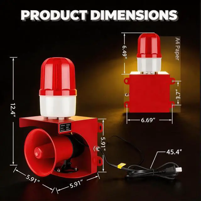 Alt view image 6 of 7 - AC110V Industrial Siren Alarm Strobe Light-120dB Loud Horn&Red Beacon Warning Light,Waterproof Indoor/Outdoor Safety Alarm for Emergency,Factory,Office,Fires,Tornado,Intruders,Animal Deterrent