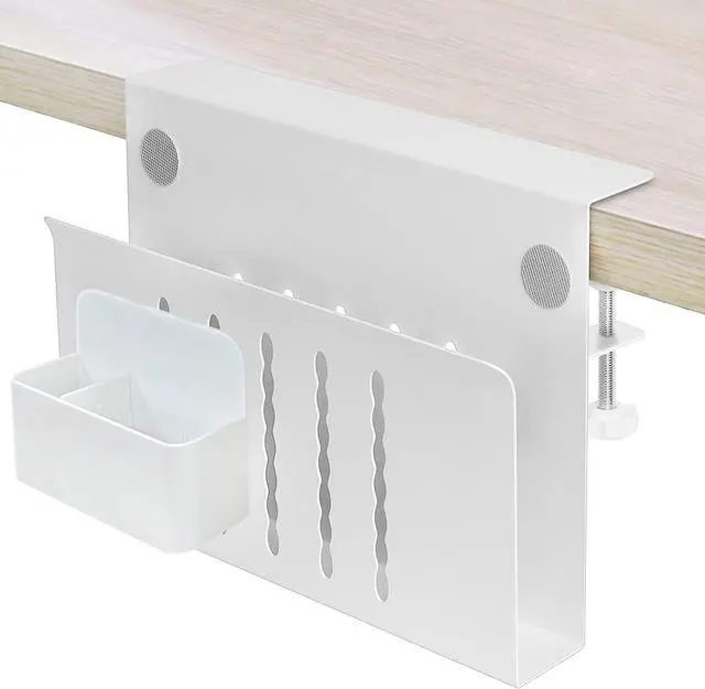 Main image of Desk Side Storage, Under Desk Hanging Storage | Standing Desk Organizer with Magnetic Pen Slot, No Drill Clamp to 0.5-2.38" Desks, 22 Lbs Carbon Steel (White)
