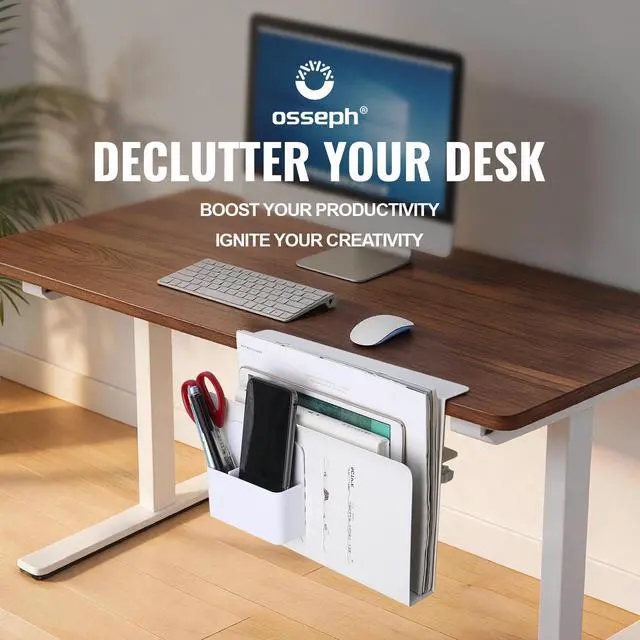 Alt view image 2 of 7 - Desk Side Storage, Under Desk Hanging Storage | Standing Desk Organizer with Magnetic Pen Slot, No Drill Clamp to 0.5-2.38" Desks, 22 Lbs Carbon Steel (White)