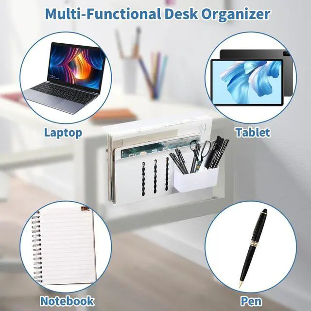 Alt view image 5 of 7 - Desk Side Storage, Under Desk Hanging Storage | Standing Desk Organizer with Magnetic Pen Slot, No Drill Clamp to 0.5-2.38" Desks, 22 Lbs Carbon Steel (White)