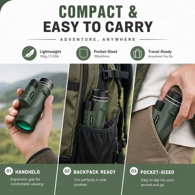 Alt view image 6 of 6 - Birthday Gifts for Men Dad Husband Teen, 10x42 Monocular for Outdoor/Hiking | Gifts for Fathers Day & Christmas, HD Compact Telescope, BAK4 & FMC Prism, Gifts for Camping Adventure Birdwatching Travel