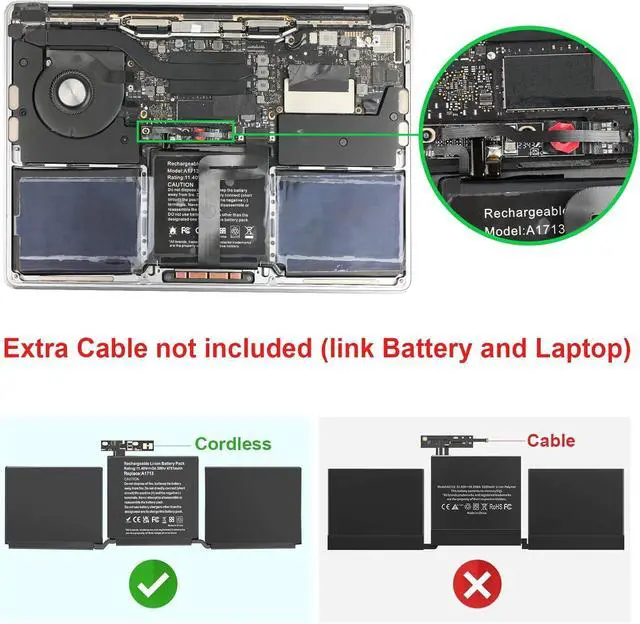 Alt view image 2 of 7 - A1713 Battery for MacBook Pro 13 Inch A1708 (Late 2016, Mid 2017) EMC 2978/3164; Replacement Battery A2171 for MacBook Pro 13 Inch A2159 (2019)A2289 (2020)A2338 (2020)