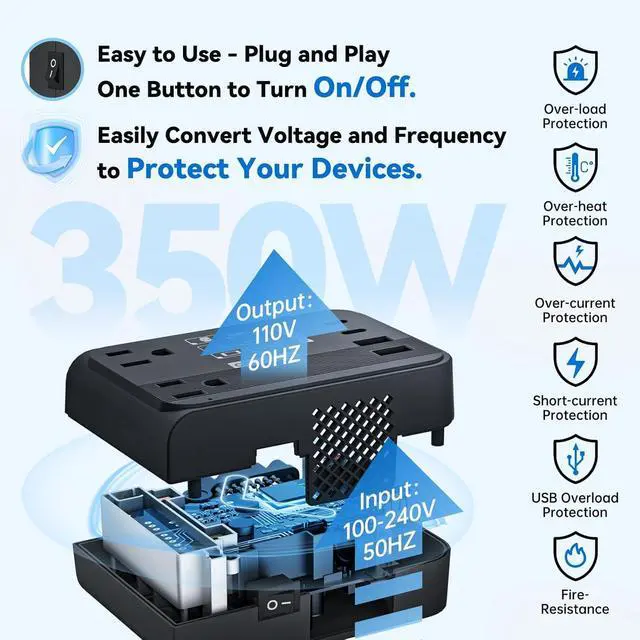 Alt view image 2 of 7 - 350W Travel Voltage Converter US to Europe 220V to 110V Converter for Curling Iron Straightener Converter for European Travel 4 USB Charging Universal Power Plug Adapter UK/AU/US/EU, Black