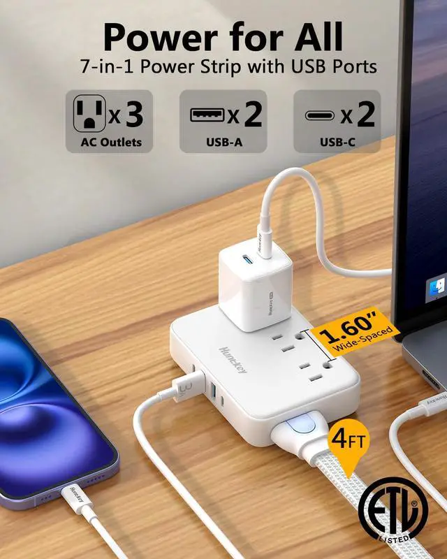 Alt view image 3 of 6 - Innovative Power Strip, Cord Removable Design (4FT), 3 Outlets Non Surge for Cruise, Travel Power Strip with 4 USB Ports (2 USB-C, 2 USB-A), ETL Listed