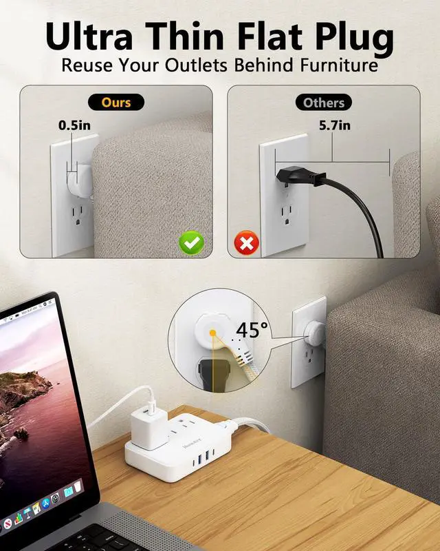 Alt view image 4 of 6 - Innovative Power Strip, Cord Removable Design (4FT), 3 Outlets Non Surge for Cruise, Travel Power Strip with 4 USB Ports (2 USB-C, 2 USB-A), ETL Listed