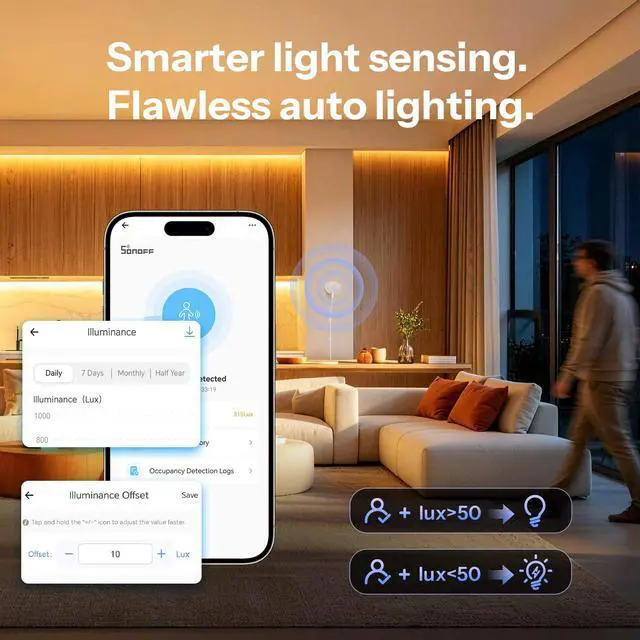 Alt view image 6 of 7 - SNZB-06P24 Zigbee Presence Sensor, 24GHz mmWave & Light Sensor, Zone Positioning, Self-Learning Calibration, Ceiling Mount, Works with Home Assistant, Alexa, SmartThings, Hub Required