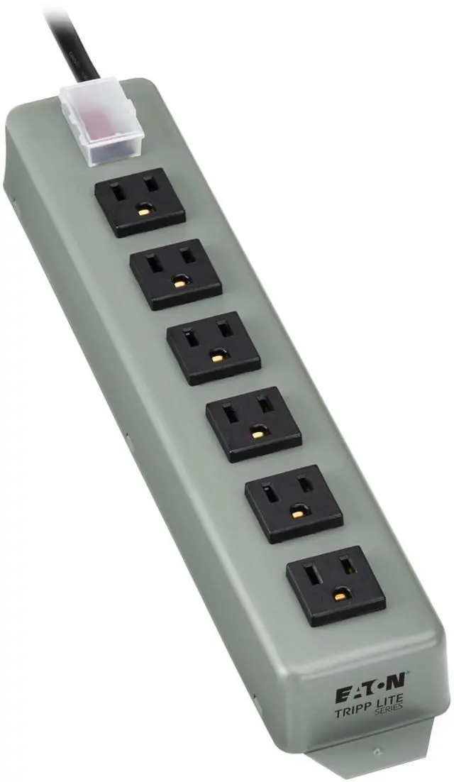 Main image of Eaton series 6-Outlet Heavy Duty Power Strip, Metal, Mountable (Wall Mount & Under Desk) 15ft Extension Cord, On/Off Switch Cover, Industrial Garage Shop Work Bench Applications (UL24CB-15)