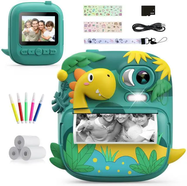 Main image of Kids Camera Instant Print, 2.4 Inch Screen Camera for Kids Dinosaur Children Digital Camera with 32GB Card & 3 Rolls Paper, Christmas Birthday Gift Toys for Boys Girls 3-12 Age (Green)
