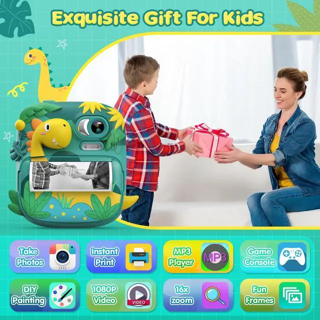 Alt view image 2 of 7 - Kids Camera Instant Print, 2.4 Inch Screen Camera for Kids Dinosaur Children Digital Camera with 32GB Card & 3 Rolls Paper, Christmas Birthday Gift Toys for Boys Girls 3-12 Age (Green)