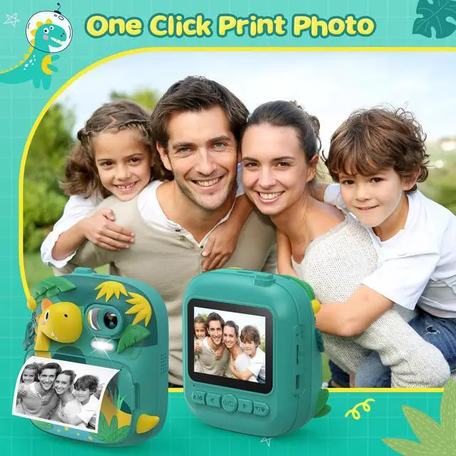 Alt view image 3 of 7 - Kids Camera Instant Print, 2.4 Inch Screen Camera for Kids Dinosaur Children Digital Camera with 32GB Card & 3 Rolls Paper, Christmas Birthday Gift Toys for Boys Girls 3-12 Age (Green)