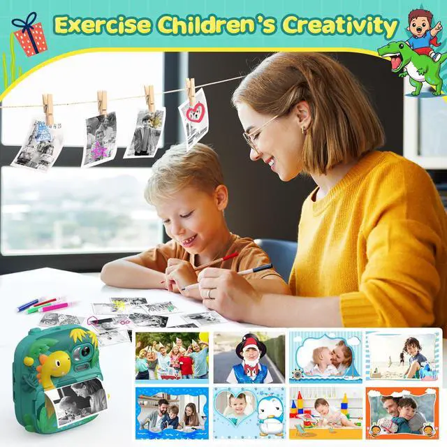 Alt view image 5 of 7 - Kids Camera Instant Print, 2.4 Inch Screen Camera for Kids Dinosaur Children Digital Camera with 32GB Card & 3 Rolls Paper, Christmas Birthday Gift Toys for Boys Girls 3-12 Age (Green)