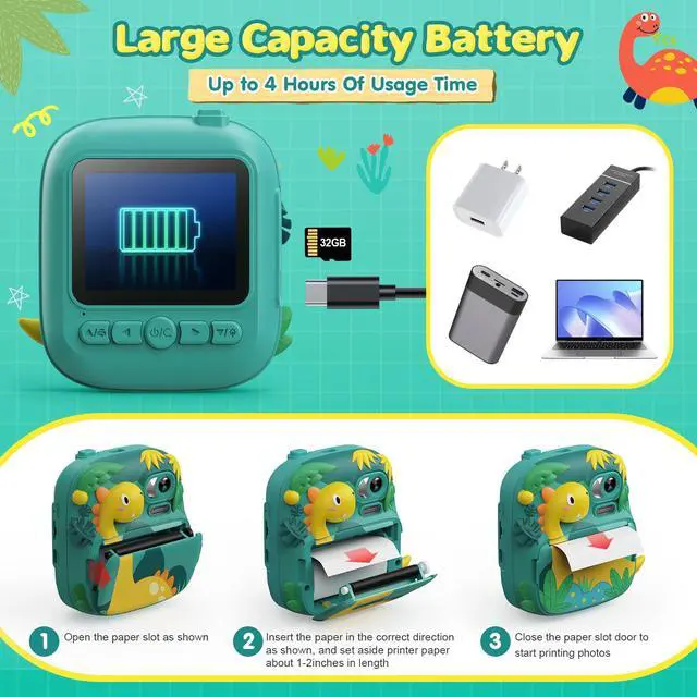 Alt view image 7 of 7 - Kids Camera Instant Print, 2.4 Inch Screen Camera for Kids Dinosaur Children Digital Camera with 32GB Card & 3 Rolls Paper, Christmas Birthday Gift Toys for Boys Girls 3-12 Age (Green)