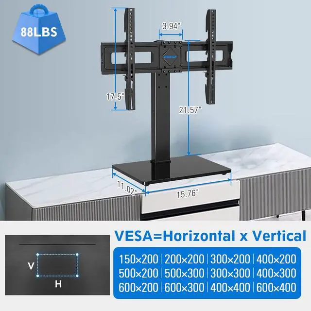 Alt view image 7 of 7 - Universal TV Stand, Table Top TV Stands for 37 to 65, 70, 75 Inch Flat Screen TVs, Height Adjustable, Tilt, Swivel TV Mount with Tempered Glass Base Hold up to 88lbs, Max VESA 600x400mm MU0031