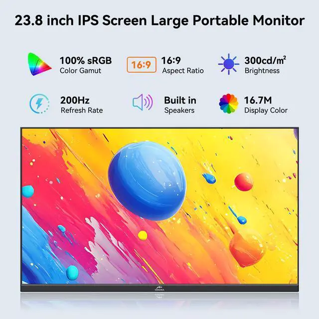 Alt view image 4 of 7 - 23.8" Large Portable Monitor 200Hz FHD 1080P IPS Freesync USB-C HDMI External Gaming Monitor with Dual Speakers Adjustable Stand, Second Display for Laptop Phone PC Computer Mac Xbox PS4