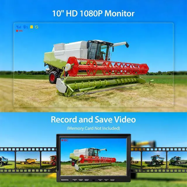 Alt view image 2 of 7 - 2 Wired Rear View Backup Camera System, 10" 1080P Monitor IP69K Waterproof Vibration-Proof 10G Reverse Camera, Quad Split Screen for Tractor, Truck, Trailer, Combine, Heavy Equipment, BH102