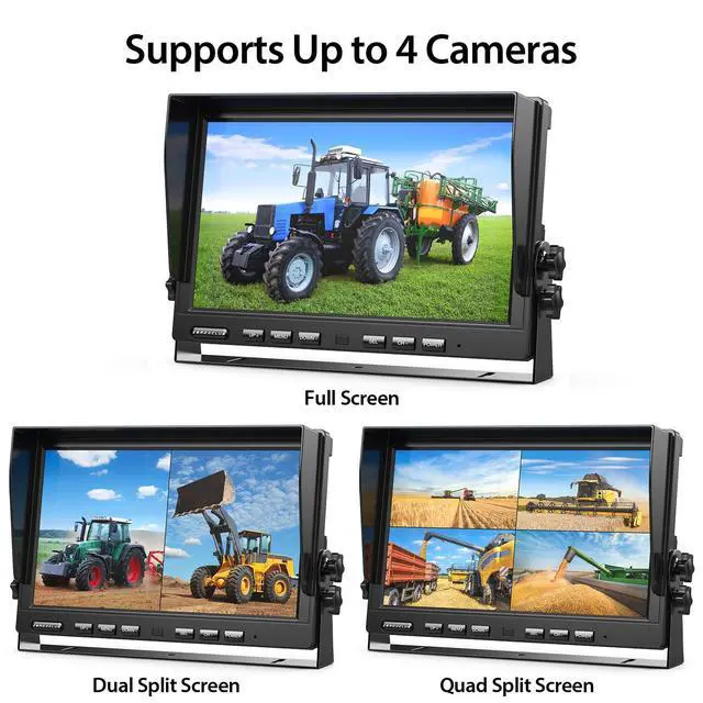 Alt view image 3 of 7 - 2 Wired Rear View Backup Camera System, 10" 1080P Monitor IP69K Waterproof Vibration-Proof 10G Reverse Camera, Quad Split Screen for Tractor, Truck, Trailer, Combine, Heavy Equipment, BH102